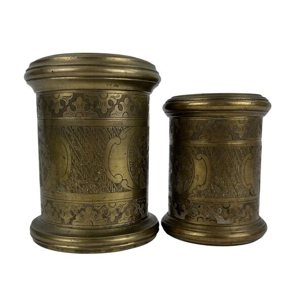 2 Vintage Brass Canister Jar Urn Humidor Etched Floral & Figural Design - Picture 7 of 11